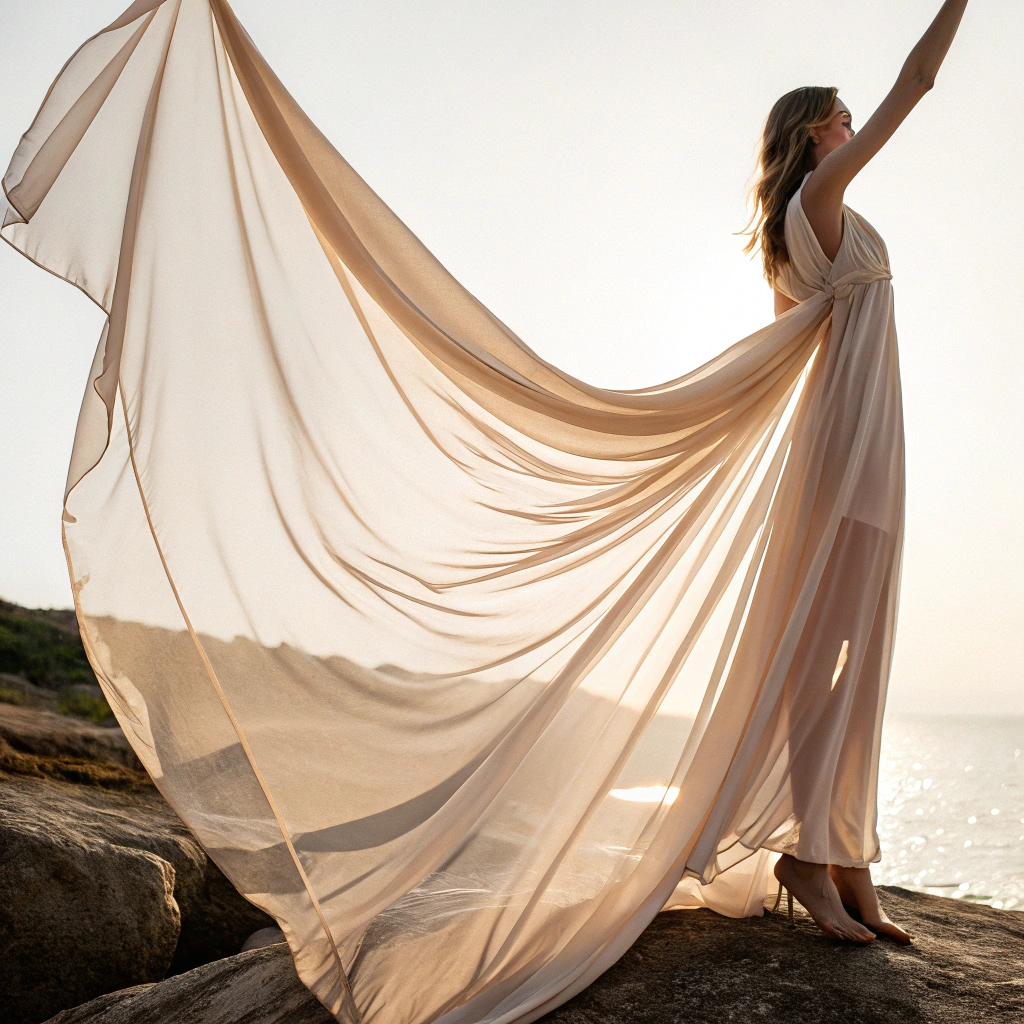 Artistic black and white shot with film grain showing the movement of sheer fabric