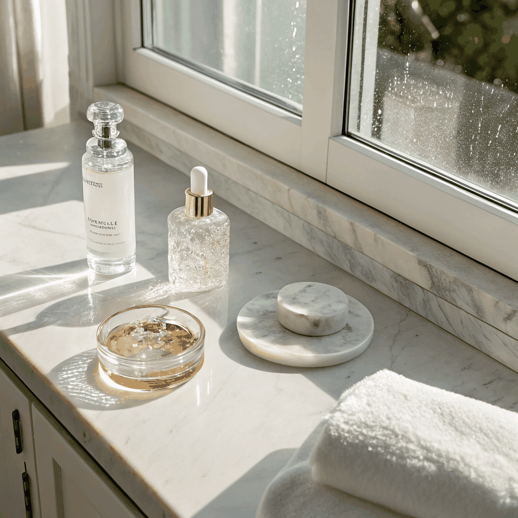 Elegant pearl necklace and vintage perfume bottle on a vanity