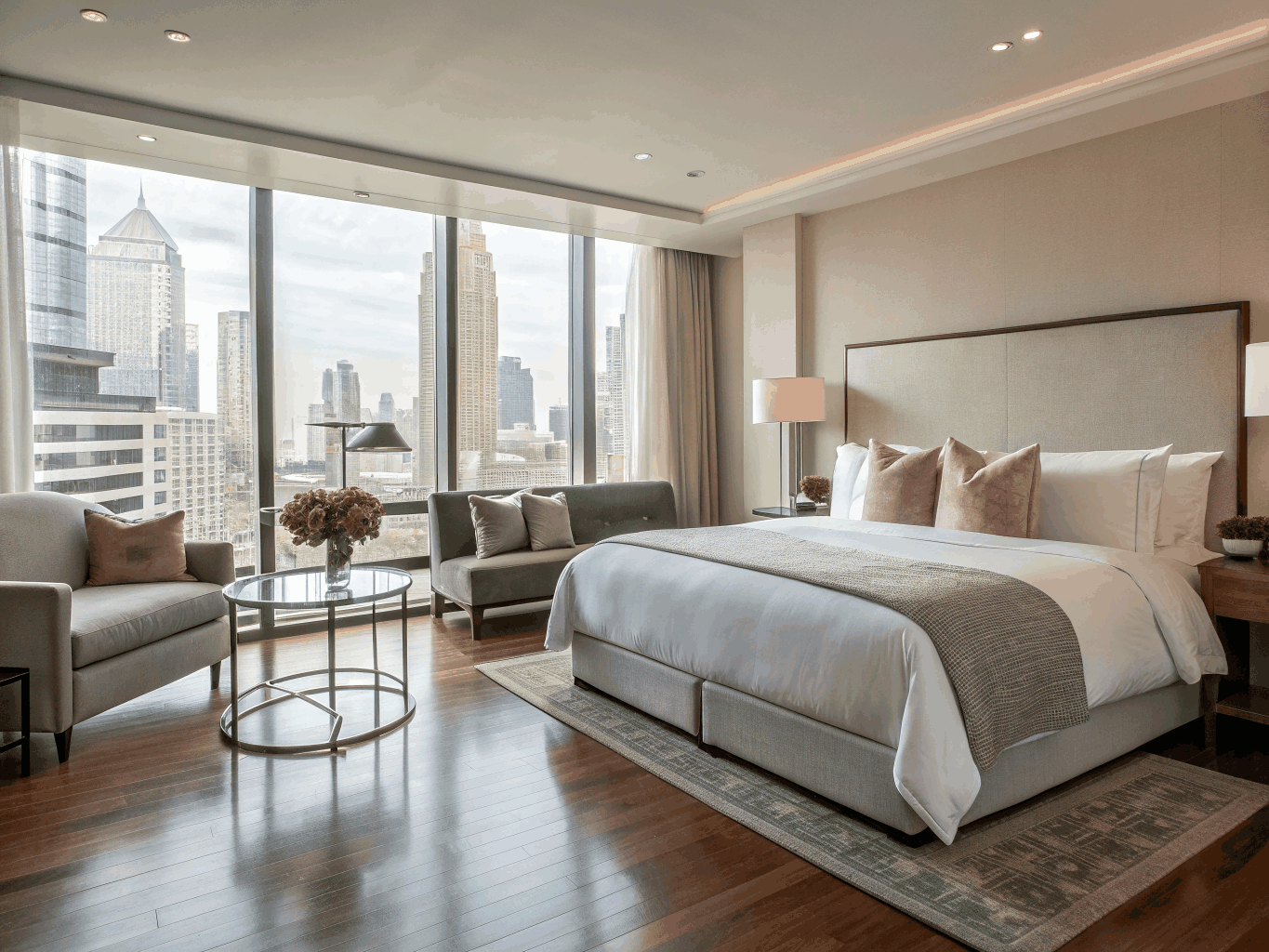 Wide view of a luxury penthouse suite with floor-to-ceiling windows and a plush bed